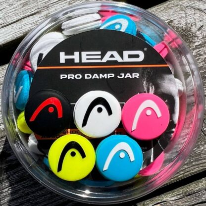Jar with HEAD Pro Dampeners where the dampeners are showcased in pink, yellow, white, blue and black