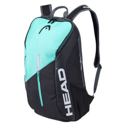Tennis backpack in black and mint with black HEAD logo on front and HEAD in gray writing on the side