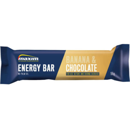 Blue and beige/yellow Maxim energy bar with a taste of banana and chocolate. 55 grams per bar.