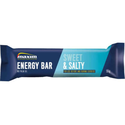 Blue and teal Maxim energy bar with a taste of sweet and salty. 55 grams per bar.