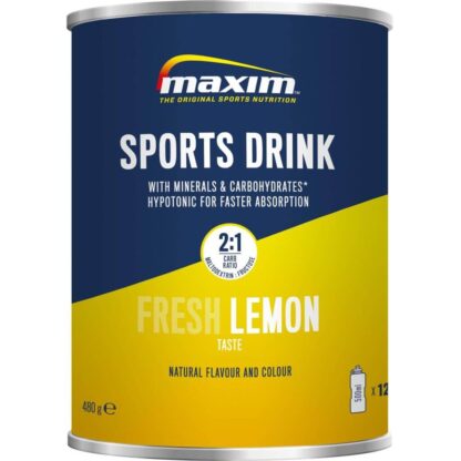 Blue and yellow tub of sports drink from Maxim with fresh lemon taste. 480 grams per tub.