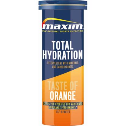 Blue and orange tube with 10 Maxim Total Hydration tabs with a taste of orange. 100 grams per tube.