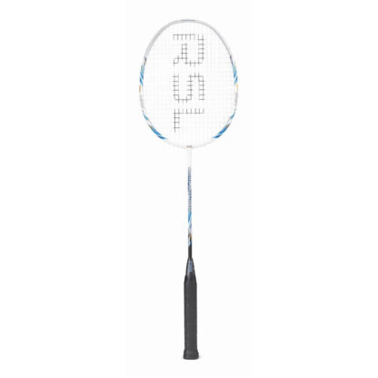White, blue and black badminton racquet from RSl. White strings with black RSL logo. Black grip.