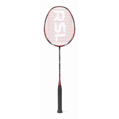 Red, grey and gold badminton racquet from RSL. Red strings with white RSL logo. Black grip.