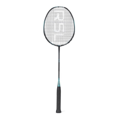 Black, turqouise/teal and silver badminton racquet fro RSL. Black strings with white RSL logo. Black grip.