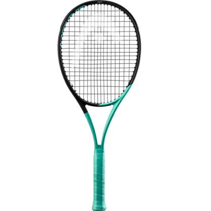 Mint and black tennis racquet from HEAD. Black strings with white HEAD logo. Mint grip. HEAD Boom MP.