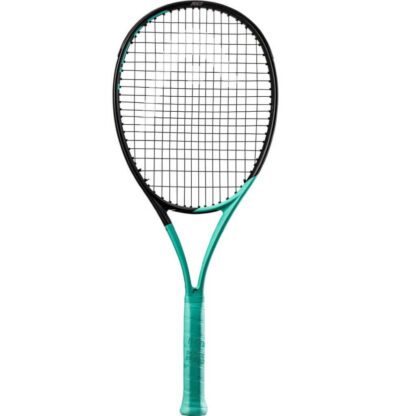 Mint and black tennis racquet from HEAD. Black strings with white HEAD logo. Mint grip. HEAD Boom Team.