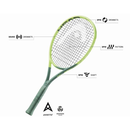 Seagreen and lime green tennis racquet from HEAD. Black strings with white HEAD logo. Seagreen grip.