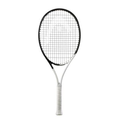 White and black tennis racquet from HEAD. Black strings with white HEAD logo. White grip. HEAD Speed Junior 25 2022.