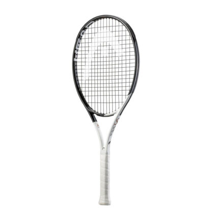 Side view of white and black tennis racquet from HEAD. Black strings with white HEAD logo. White grip. HEAD Speed Junior 25 2022.