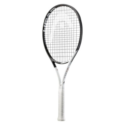 Side view of white and black tennis racquet from HEAD. Black strings with white HEAD logo. White grip. HEAD Speed MP 2022.