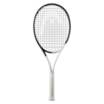 White and black tennis racquet from HEAD. Black strings with white HEAD logo. White grip. HEAD Speed MP 2022.