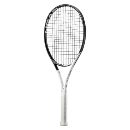 Side view of white and black tennis racquet from HEAD. Black strings with white HEAD logo. White grip. HEAD Speed MP L 2022.