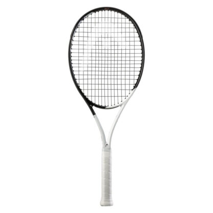 White and black tennis racquet from HEAD. Black strings with white HEAD logo. White grip. HEAD Speed MP L 2022.