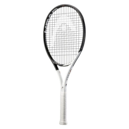 Side view of white and black tennis racquet from HEAD. Black strings with white HEAD logo. White grip. HEAD Speed Team 2022.