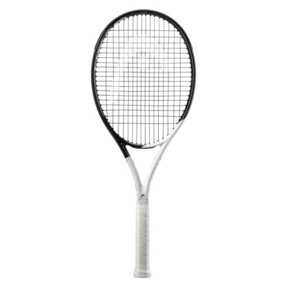 White and black tennis racquet from HEAD. Black strings with white HEAD logo. White grip. HEAD Speed Team 2022.