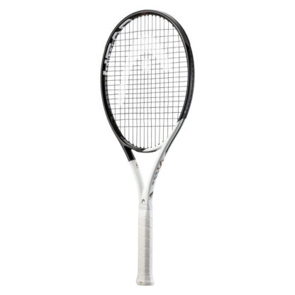 Side view of white and black tennis racquet from HEAD. Black strings with white HEAD logo. White grip. HEAD Speed Team L 2022.