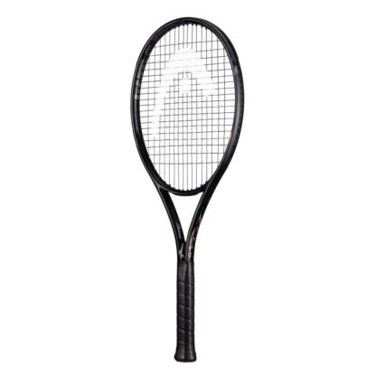 Black and gold tennis racquet from HEAD. Black strings with white/grey HEAD logo. Black grip. HEAD Speed X S.