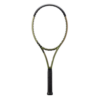 Green iridescent tennis racquet with black top and black grip. Wilson Blade 100L v8.0.