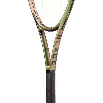 Throat view of green iridescent tennis racquet with black top and black grip. Wilson Blade 100L v8.0. Blade in black writing.