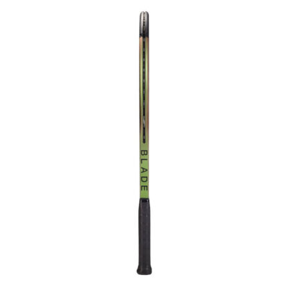Side view of green iridescent tennis racquet with black top and black grip. Wilson Blade 100L v8.0. Blade in black writing.