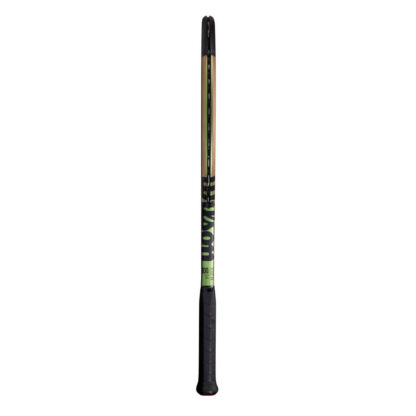Side view of green iridescent tennis racquet with black top and black grip. Wilson Blade 100L v8.0. Wilson in black writing.
