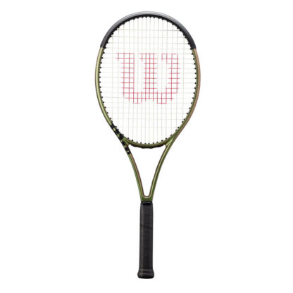 Green iridescent tennis racquet with black top, white strings with red logo and black grip. Wilson Blade 100UL v8.0.