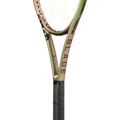 Throat view of green iridescent tennis racquet with black top and black grip. Wilson Blade 100UL v8.0. Blade in black writing.