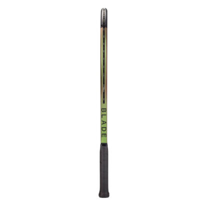 Side view of green iridescent tennis racquet with black top and black grip. Wilson Blade 100UL v8.0. Blade in black writing.