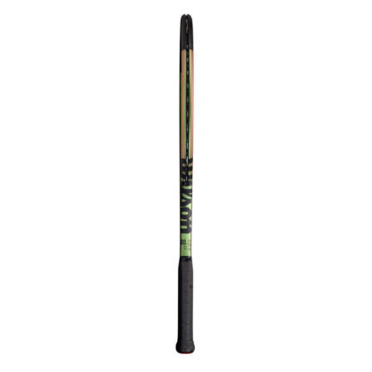 Side view of green iridescent tennis racquet with black top and black grip. Wilson Blade 100UL v8.0. Wilson in black writing.