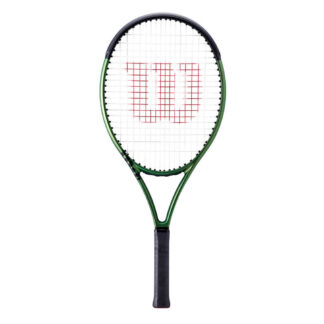 Green iridescent tennis racquet with black top and black grip. Wilson Blade 25 v8.0.