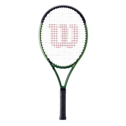 Green iridescent tennis racquet with black top and black grip. Wilson Blade 25 v8.0.