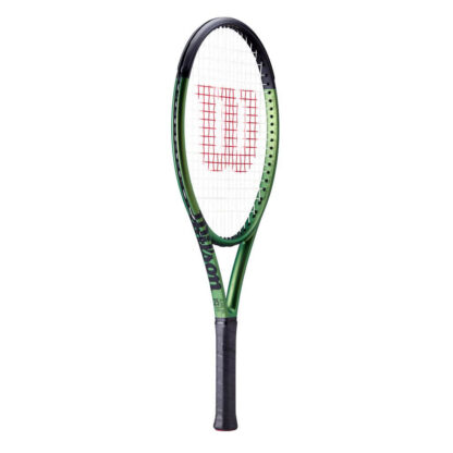 Side view of green iridescent tennis racquet with black top and black grip. Wilson Blade 25 v8.0. Wilson in black writing.