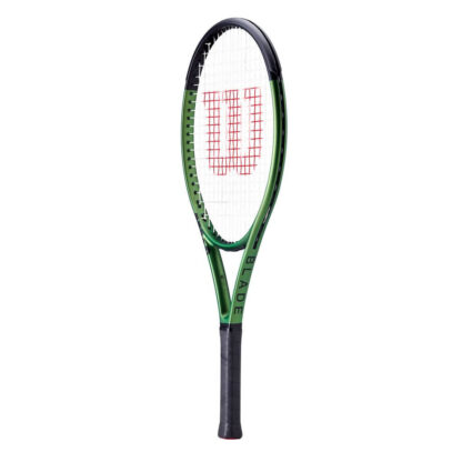 Side view of green iridescent tennis racquet with black top and black grip. Wilson Blade 25 v8.0. Blade in black writing.