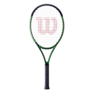 Green iridescent tennis racquet with black top and black grip. Wilson Blade 26 v8.0.