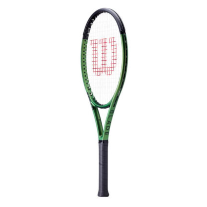 Side view of green iridescent tennis racquet with black top and black grip. Wilson Blade 26 v8.0. Blade in black writing.