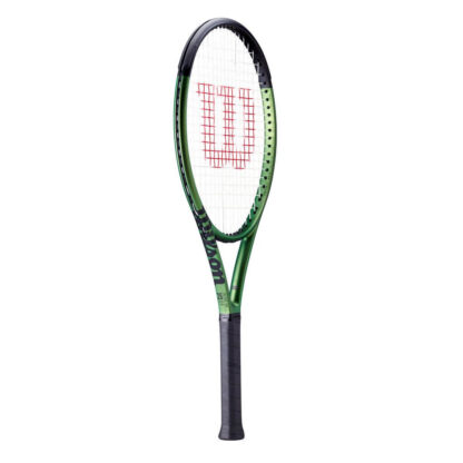 Side view of green iridescent tennis racquet with black top and black grip. Wilson Blade 25 v8.0. Wilson in black writing.