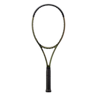 Green iridescent tennis racquet with black top and black grip. Wilson Blade 98 v8.0.