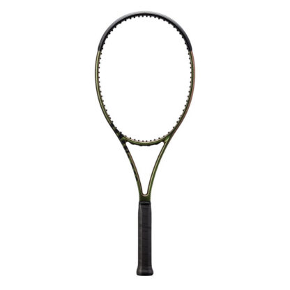 Green iridescent tennis racquet with black top and black grip. Wilson Blade 98 v8.0.