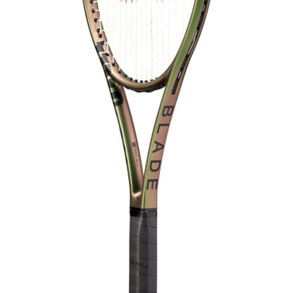 Throat view of green iridescent tennis racquet with black top and black grip. Wilson Blade 98 v8.0. Blade in black writing.