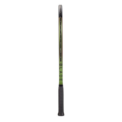 Side view of green iridescent tennis racquet with black top and black grip. Wilson Blade 98 v8.0. Blade in black writing.