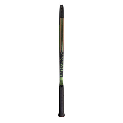 Side view of green iridescent tennis racquet with black top and black grip. Wilson Blade 98 v8.0. Wilson in black writing.