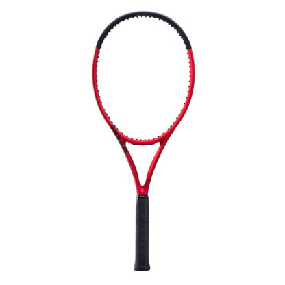 Red matte tennis racquet with black top and black grip. Wilson Clash 100L v2.0.