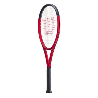 Side view of red matte tennis racquet with black top, white strings with red logo and black grip. Wilson Clash 100L v2.0. Clash in black writing on the side.