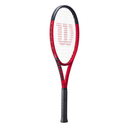 Side view of red matte tennis racquet with black top, white strings with red logo and black grip. Wilson Clash 100L v2.0. Wilson in black writing on the side.