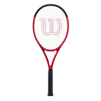 Red matte tennis racquet with black top, white strings with red logo and black grip. Wilson Clash 100UL v2.0.