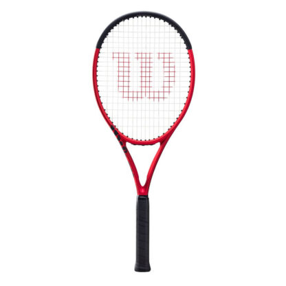 Red matte tennis racquet with black top, white strings with red logo and black grip. Wilson Clash 100UL v2.0.