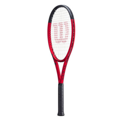 Side view of red matte tennis racquet with black top, white strings with red logo and black grip. Wilson Clash 100UL v2.0. Clash in black writing on the side.