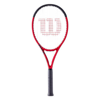 Red matte tennis racquet with black top, white strings with red logo and black grip. Wilson Clash 100 v2.0.