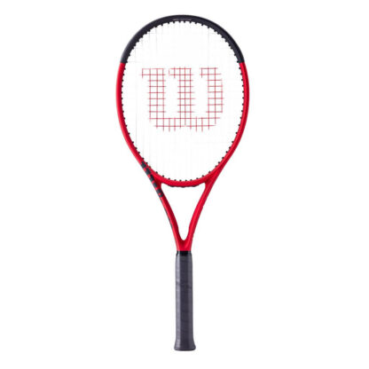 Red matte tennis racquet with black top, white strings with red logo and black grip. Wilson Clash 100 v2.0.